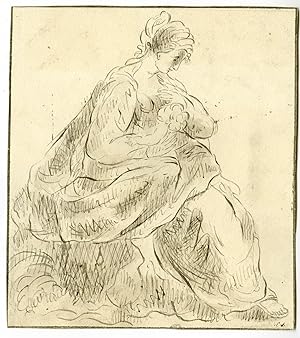 Rare-Antique Drawing-FEMALE FIGURE BREASTFEEDING-Monogram E.-c.1890