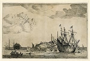 Rare-Antique Master Print-REPAIRING-WATERPROOFING HULL-SHIP-Nooms-c.1650