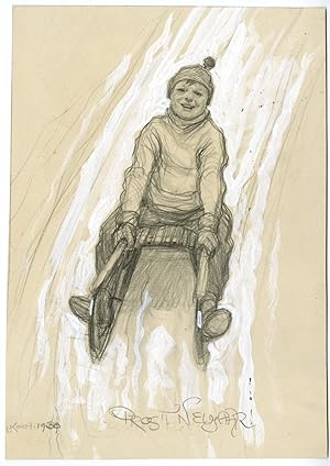 Rare-Antique Drawing-BOY ON SLEIGH-NEW YEARS WISH-Koch-1930