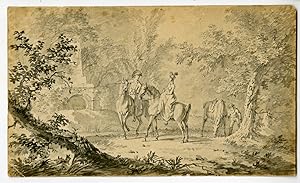 Rare-Antique Drawing-FIGURES ON HORSEBACK IN A FOREST-Anonymous-c.1840