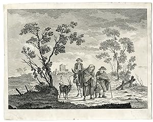 Rare-Antique Master Print-TRAVELERS-DONKEY-GOAT-FAMILY-Canot-Pillement-1767