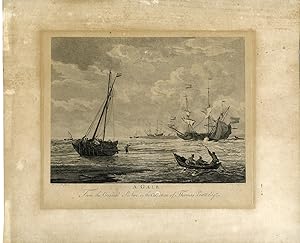 Rare-Antique Master Print-STORM-GALE-SAILING-SHIP-Sallieth-v.d. Velde-1750-1799