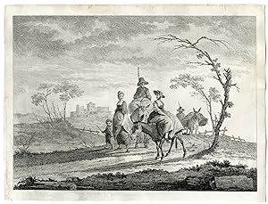 Rare-Antique Master Print-FAMILY-DONKEYS-MULES-Canot-Pillement-c.1756-1777