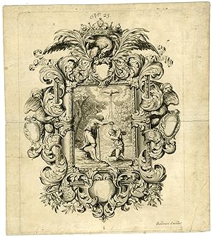 Rare-Antique Master Print-BAPTISM-CHRIST-ORNAMENTAL-Sandrart-c.1679-1700