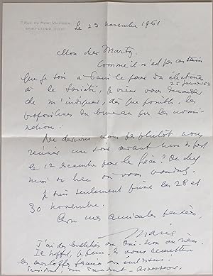 Lettre autographe signée à Pierre Marty