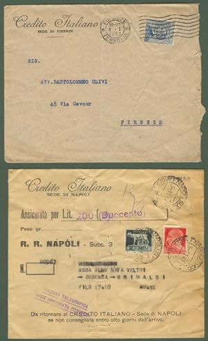 Regno. PERFIN. CREDITO ITALIANO. Una lettera e una assicurata (anni 1923 e 1941) con francobolli ...