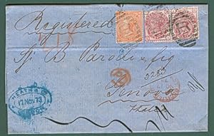 Storia postale Estero. GRAN BRETAGNA. Raccomandata del 17 Novembre 1873 da Londra a Genova.