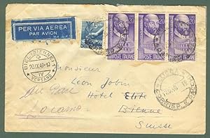 Storia postale Repubblica. LETTERA AEREA del 20.9.1949 per la Svizzera.
