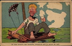 Künstler Ansichtskarte / Postkarte Schiffbrüchiger Mann auf einem Floß