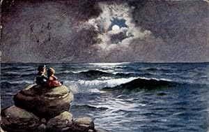 Mondschein Ansichtskarte / Postkarte Meer erglänzte weit hinaus, Kinder bewundern den Mond