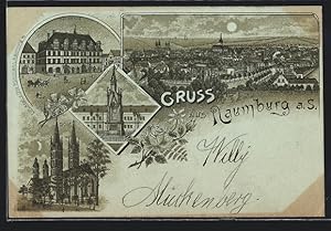 Mondschein-Lithographie Naumburg a. S., Dom, Krieger-Denkmal, Totalansicht