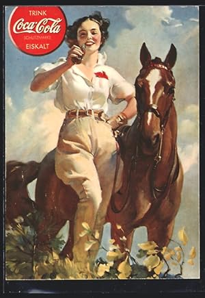 Ansichtskarte Reklame für Coca-Cola, Frau mit Colaflasche und Pferd