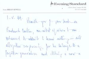Handwritten note to Richard Grenville Clark, May 1, 1999 on Evening Standard headed card, thankin...
