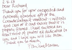 Handwritten thank you note to Richard Grenville Clark, April 2, 2013, thanking Clark for the unex...