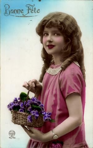 Ansichtskarte / Postkarte Glückwunsch, Mädchen-Portrait, Blumenkorb