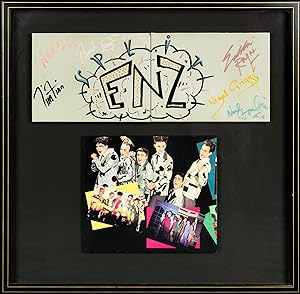 A unique display featuring a hand-painted diptych on tiles, signed by the members of Split Enz in...
