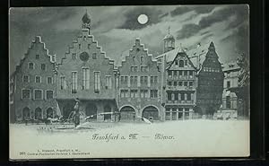 Mondschein-Ansichtskarte Alt-Frankfurt, Römer mit Kutschen