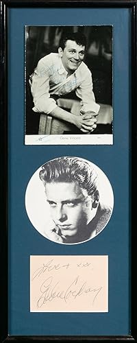 A framed display incorporating a signed publicity photograph of Gene Vincent, a small album leaf ...