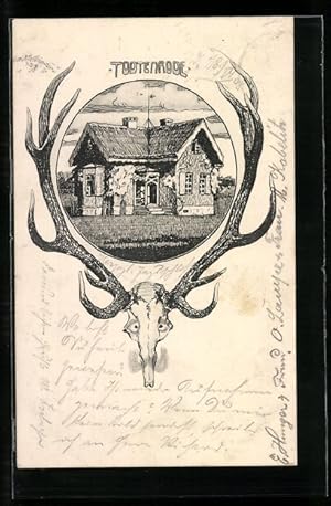 Künstler-Ansichtskarte Todtenrode, Partie an einem Eckhaus, Passepartout mit einem Hirschschädel