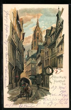 Lithographie Alt-Frankfurt, Pferdegespann am alten Markt