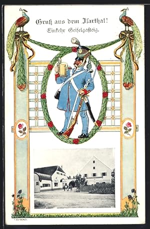 Ansichtskarte Grünwald / Isartal, Gasthaus Geiselgasteig, Soldat in Uniform mit Gewehr und Bierkr...