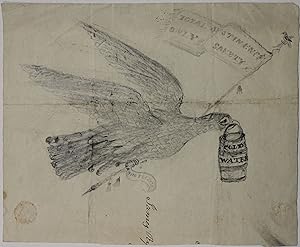 CONTEMPORARY PENCIL DRAWING OF AMERICAN EAGLE, HOLDING A FLAG POLE IN ITS TALON WITH FLAG MOTTO, ...
