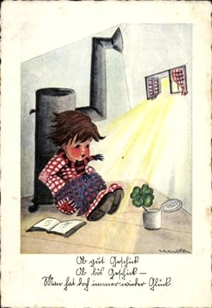 Künstler Ansichtskarte / Postkarte Kind wärmt sich am Ofen, Kleeblatt in einer Dose
