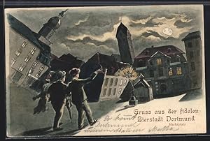 Wirtshaus-Ansichtskarte Dortmund, Marktplatz bei Mondschein aus der Sicht eines Betrunkenen