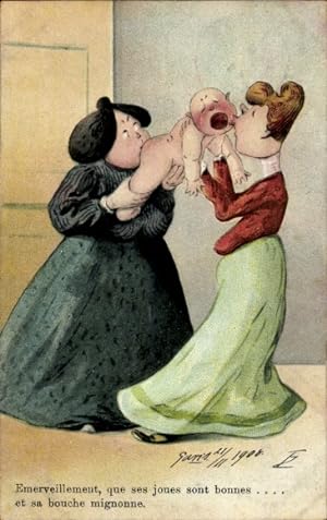 Künstler Ansichtskarte / Postkarte Zwei Frauen küssen die Bäckchen von einem Baby