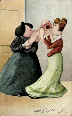 Künstler Ansichtskarte / Postkarte Zwei Frauen küssen die Bäckchen von einem Baby