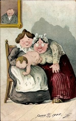 Künstler Ansichtskarte / Postkarte Zwei Frauen begutachten die Bäckchen von einem Baby