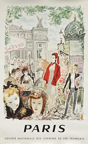 1962 French Travel Poster, Paris: Society Nationale des Chemins de Fer Francais, Café street scene
