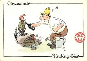 Künstler Ansichtskarte / Postkarte Dir und mir Binding Bier, Mann gibt Gartenzwerg Bier zu trinke...