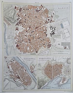 Madrid Barcelona & Zaragoza Spain City Plans 1850's Heck detailed hand color map