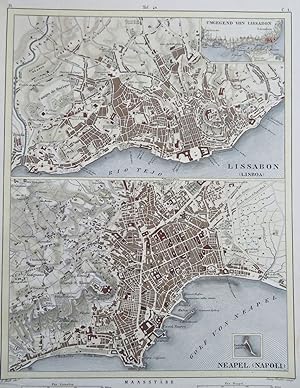 Lisbon & Naples Italy Portugal City Plans c. 1850's nice detailed hand color map