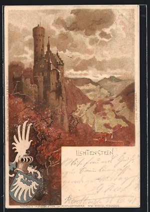 Künstler-Ansichtskarte Lichtenstein, Burg Lichtenstein und Wappen