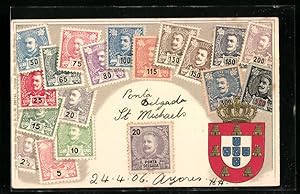 Präge-Ansichtskarte Portugal, Briefmarken und Wappen