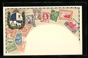 Ansichtskarte Verschieden Briefmarken, Wappen mit Waage, Pferd, Sonne