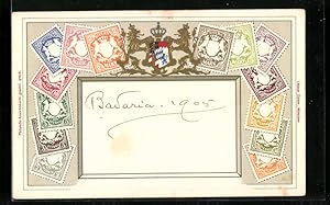 Präge-Ansichtskarte Bayern, Briefmarken, von Löwen flankietes Wappen