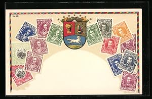 Ansichtskarte Venezuela, Briefmarken und Wappen