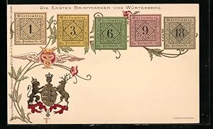 Ansichtskarte Die ersten Briefmarken von Württemberg, Wappen mit geflügeltem Schlangenbild