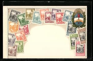 Präge-Ansichtskarte Argentinien, Briefmarken und Wappen im Lorbeerkranz