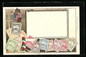 Ansichtskarte Ungarn, Briefmarken, Wappen und Telegraphenleitung mit Schwalben