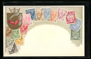 Ansichtskarte Briefmarken und Wappen, Krone, Ritter mit Schwert