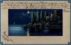 Mondschein Präge Ansichtskarte / Postkarte Schloss, Bäume, Wasserpartie, Nacht