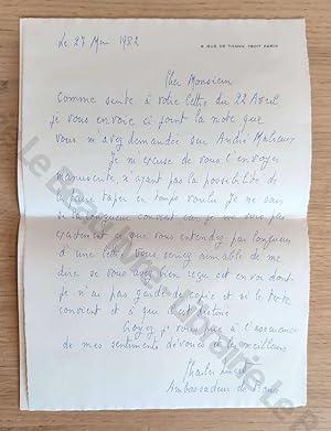 Lettre autographe signée de Charles Lucet, Ancien ambassadeur de France avec texte autographe de ...