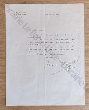 Lettre tapuscrite de 7 lignes signée de Marc Chagall en date du 1er août 1970 à l'attention de Gu...