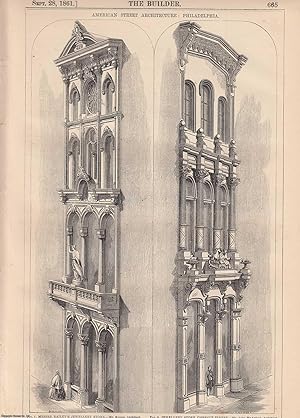 1861 : American Street Architecture: Philadelphia. An original page from The Builder. An Illustra...