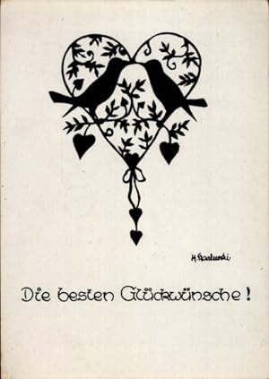 Scherenschnitt Künstler Ansichtskarte / Postkarte Karlewski, H., Glückwunsch, Vögel, Kuss, Herzen