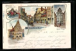 Lithographie Bremen, Schüsselkorb, Wappen, Rats-Waage, Essig-Haus